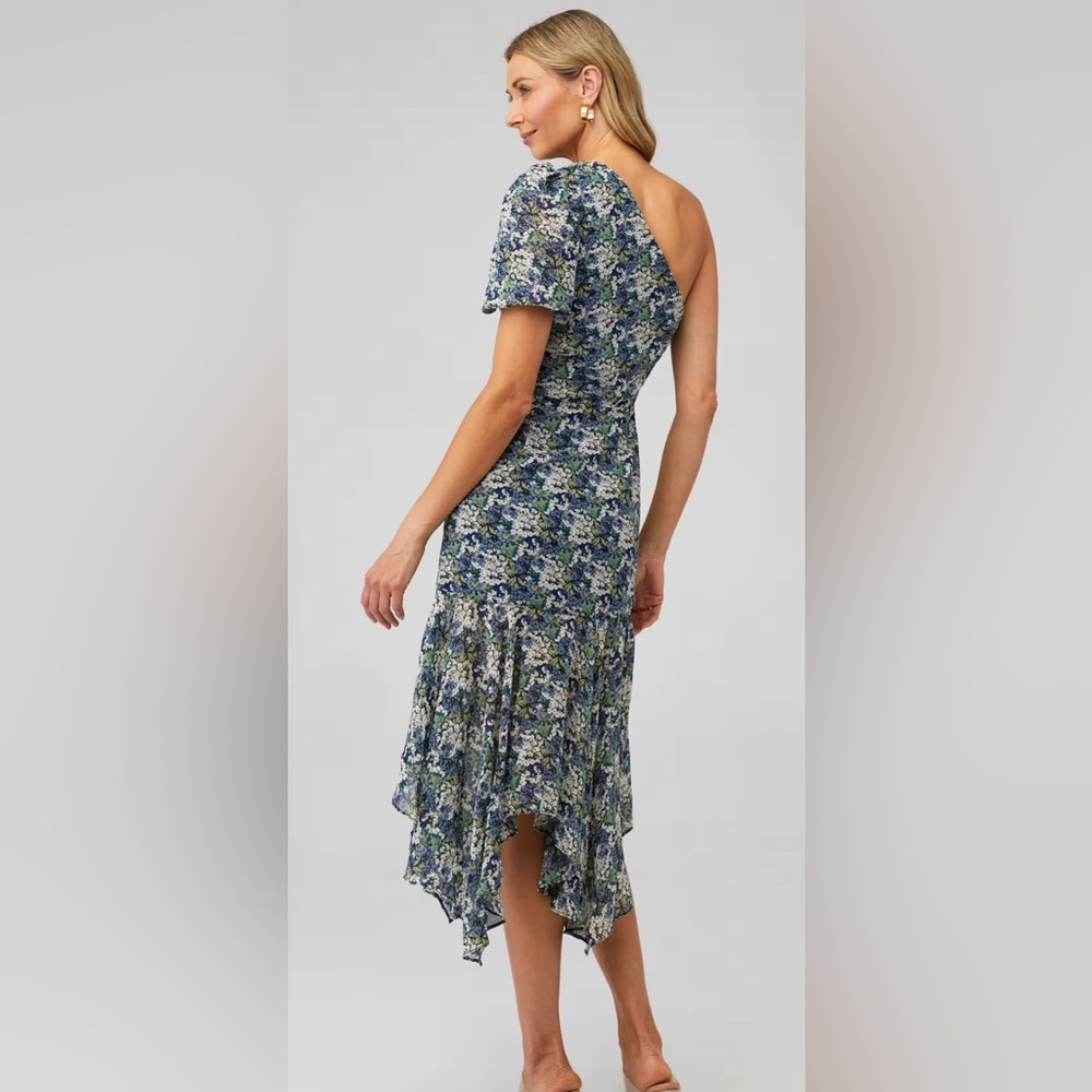 ASTR The Label Santorini XS One Shoulder Floral Midi Dress Blue Green Puff - Picture 3 of 11